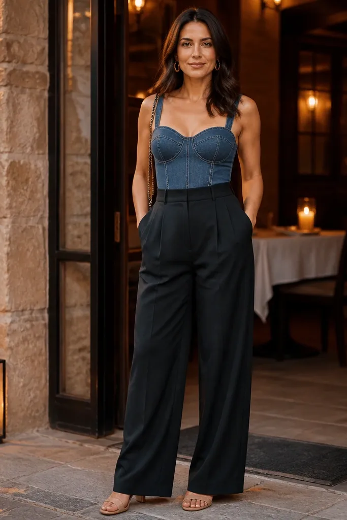 Blue denim bodycon top with black high-waist wide pants and nude sandals