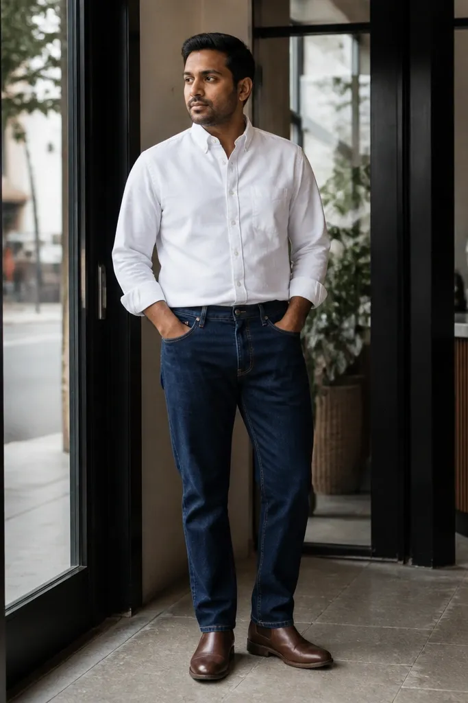 Dark indigo jeans with a white button-down and brown Chelsea boots