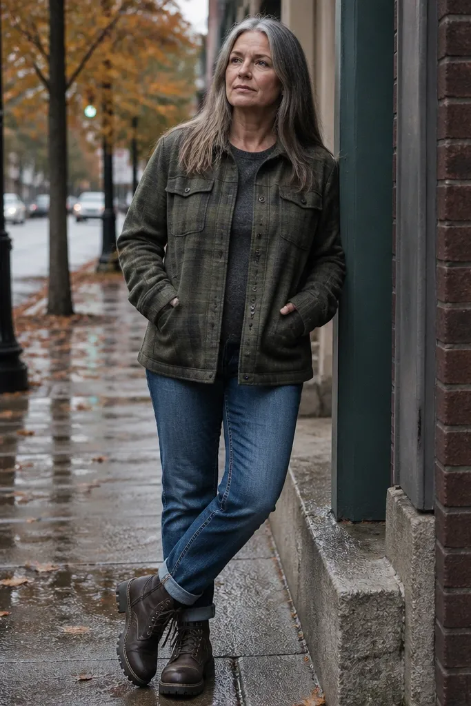 Medium-wash jeans with an olive overshirt and dark brown lace-up boots