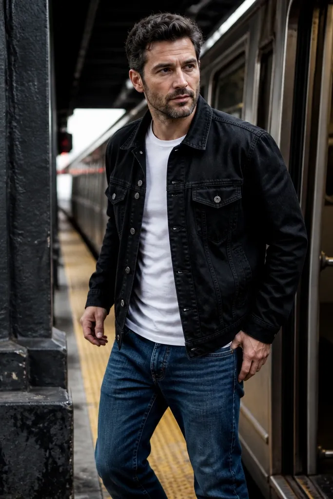 Indigo jeans with a black denim jacket and a white t-shirt