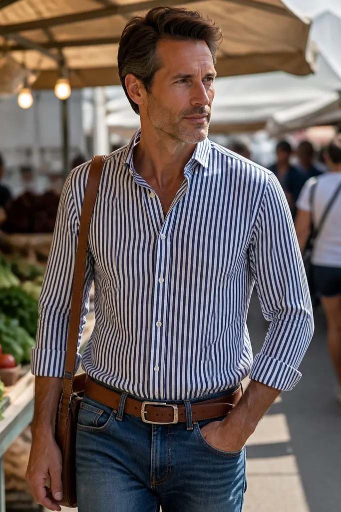 Medium-wash jeans with a navy and white striped shirt and a tan belt