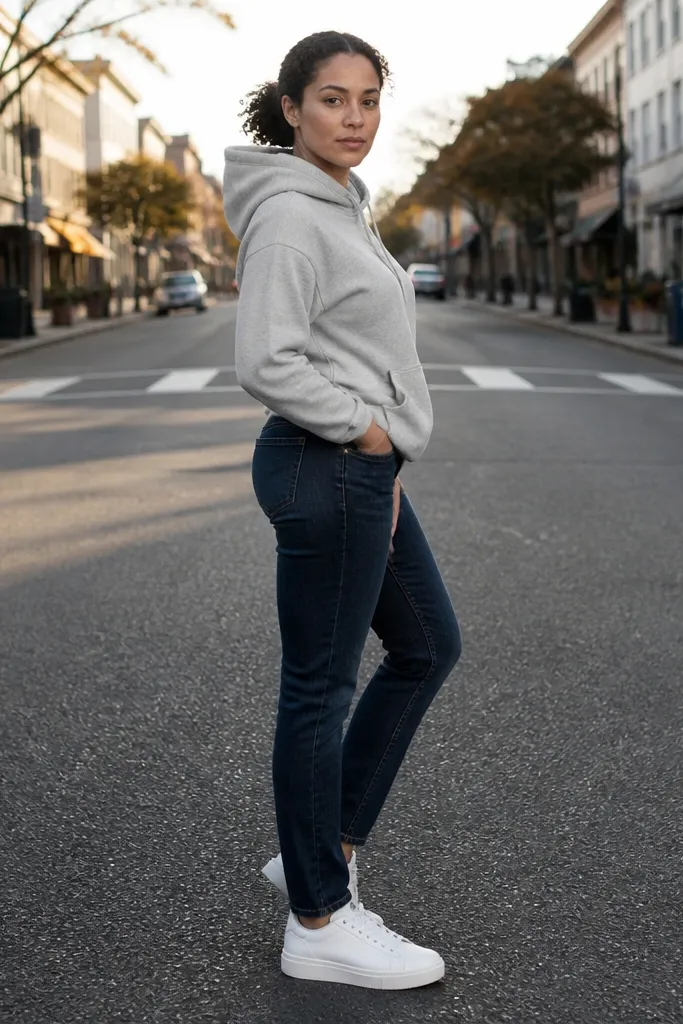 Dark indigo jeans with a light gray hoodie and white sneakers
