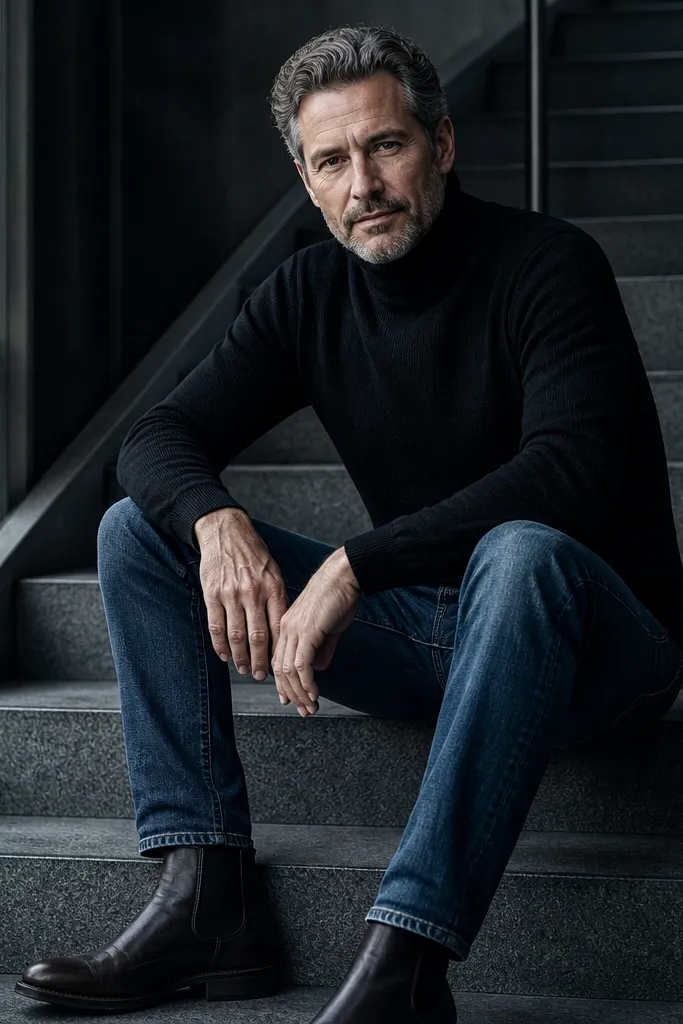 Medium-wash jeans with a black turtleneck and dark Chelsea boots
