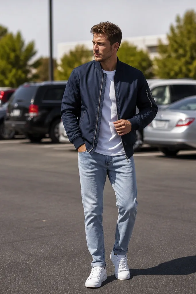 Light wash jeans with a navy bomber jacket and white sneakers
