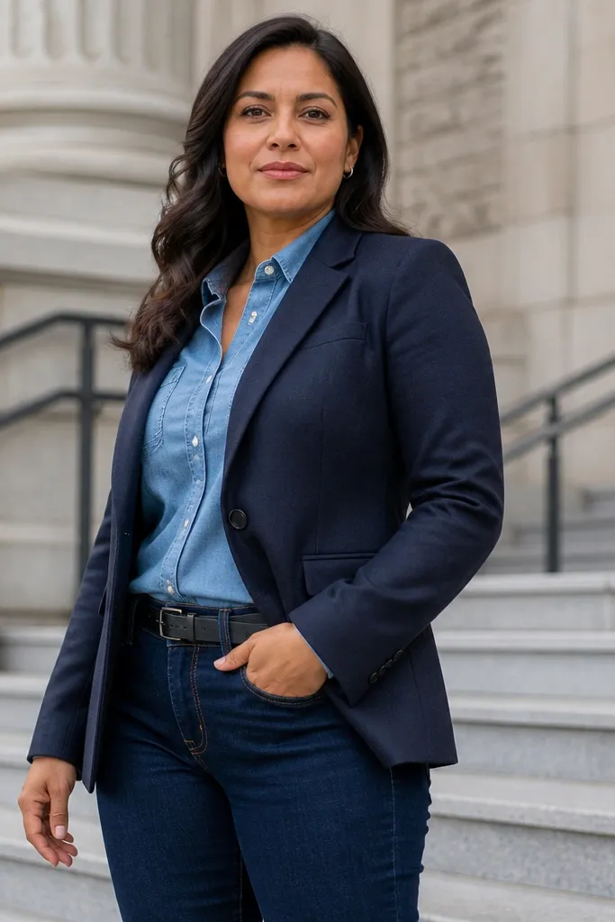 Dark jeans with a navy blazer and a chambray button-up
