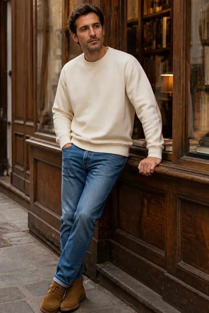 Medium-wash jeans with a cream sweatshirt and tan suede desert boots