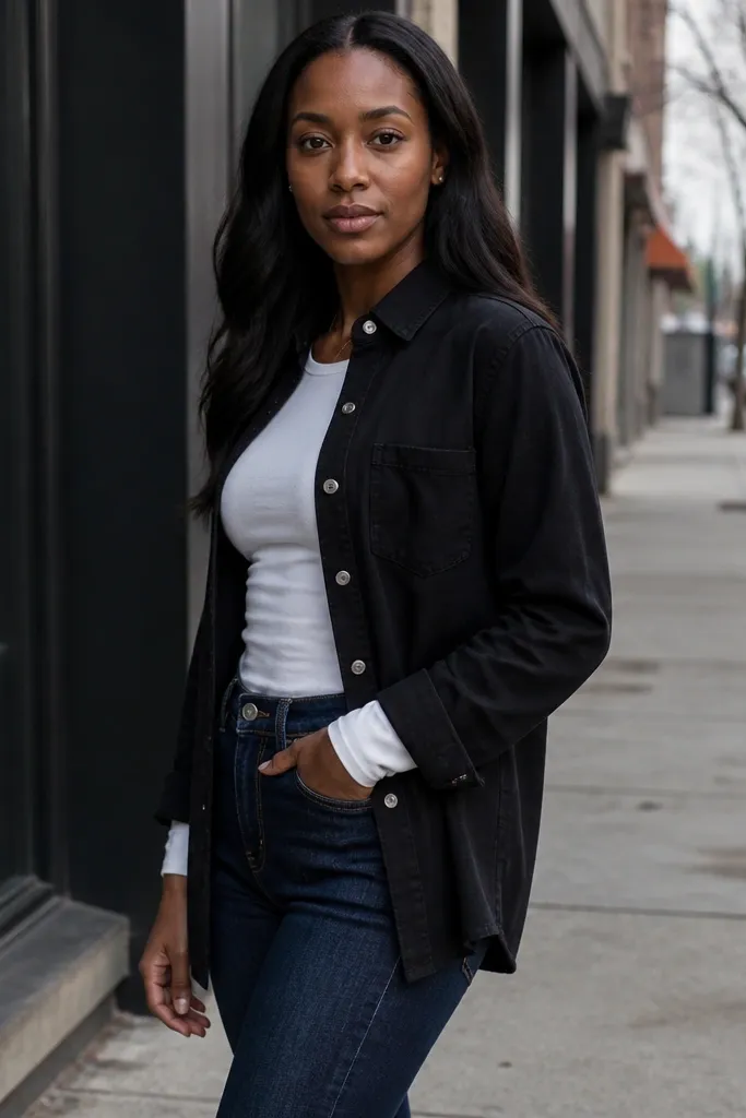Indigo jeans with a white long-sleeve tee and a black overshirt