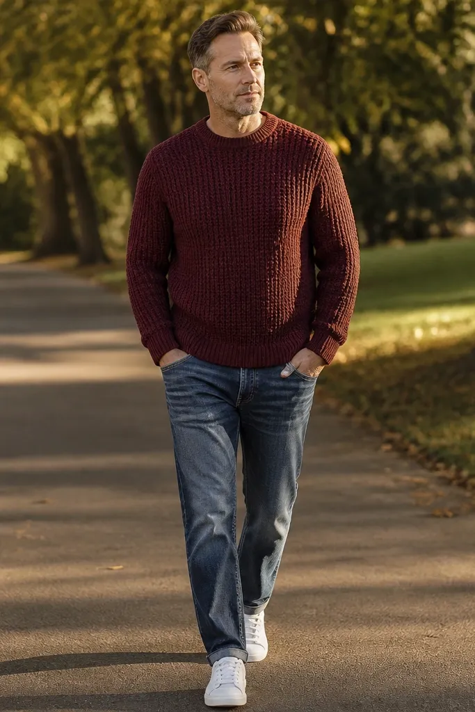 Blue jeans with a maroon knit sweater and white sneakers