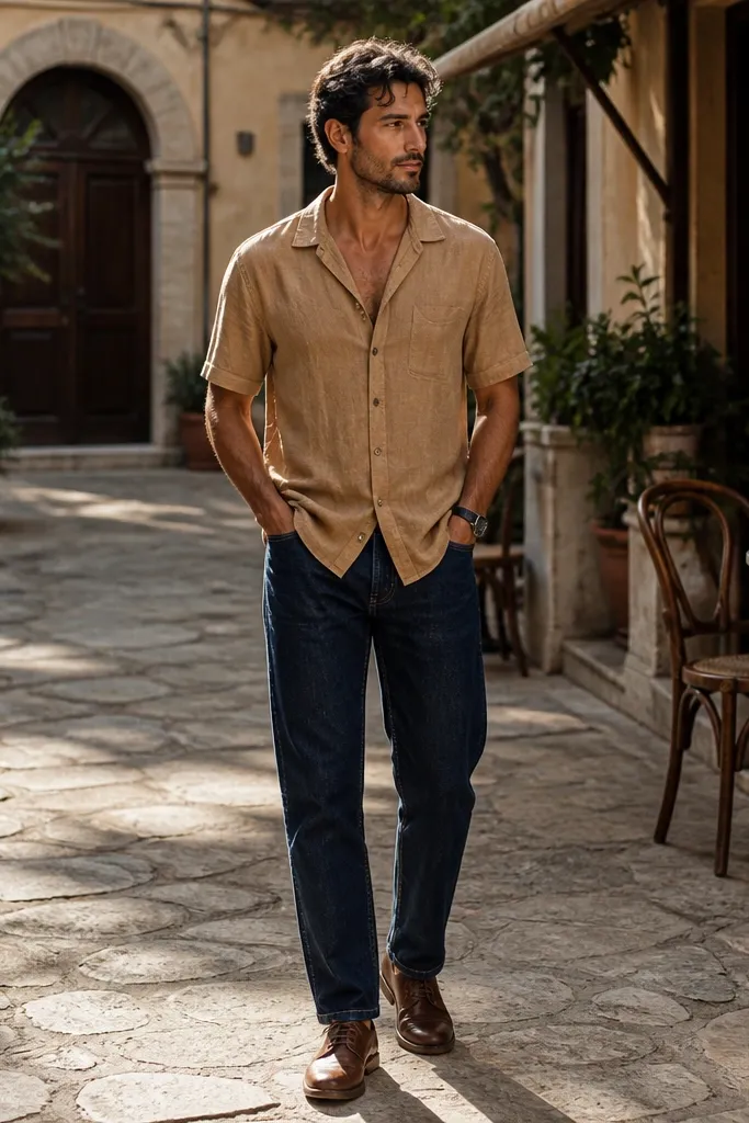 Dark indigo jeans with a tan camp-collar shirt and brown lace-up shoes