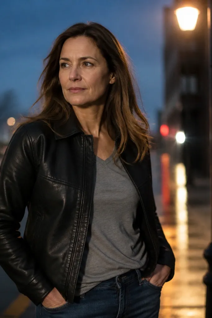 Medium-wash jeans with a black leather jacket and a gray t-shirt
