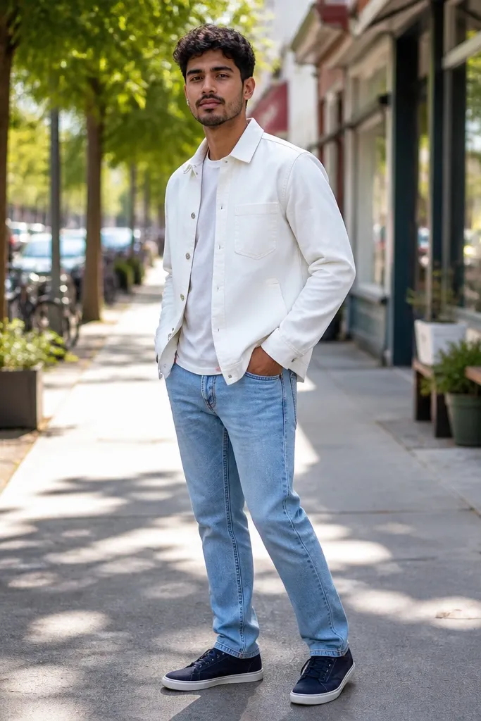 Light wash jeans with a white overshirt and navy sneakers