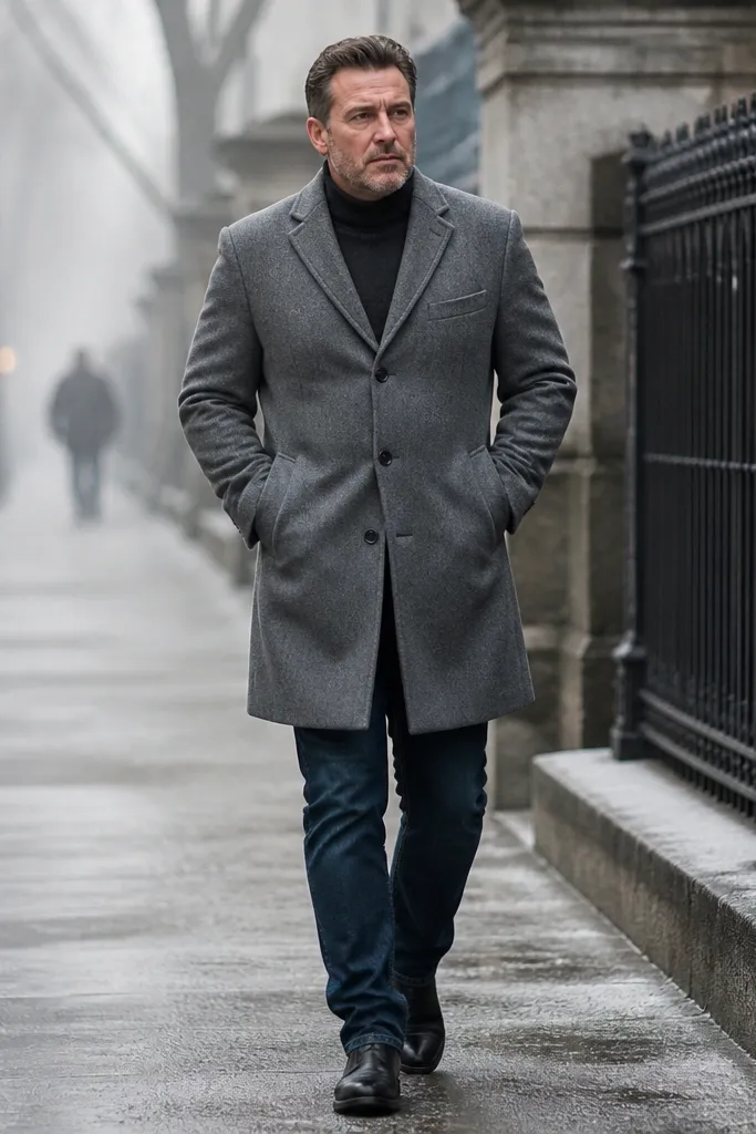 Dark blue jeans with a gray wool overcoat and black boots