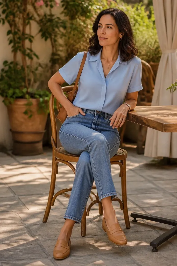 Medium-wash jeans with a sky-blue short-sleeve shirt and tan loafers