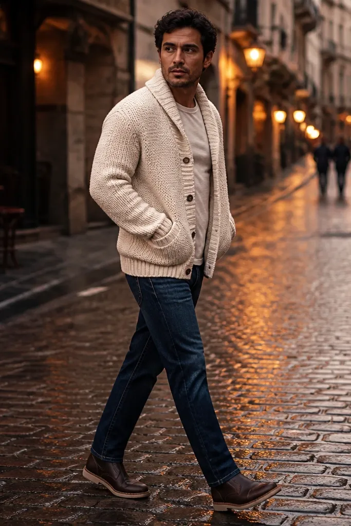 Indigo jeans with an oatmeal cardigan and brown boots