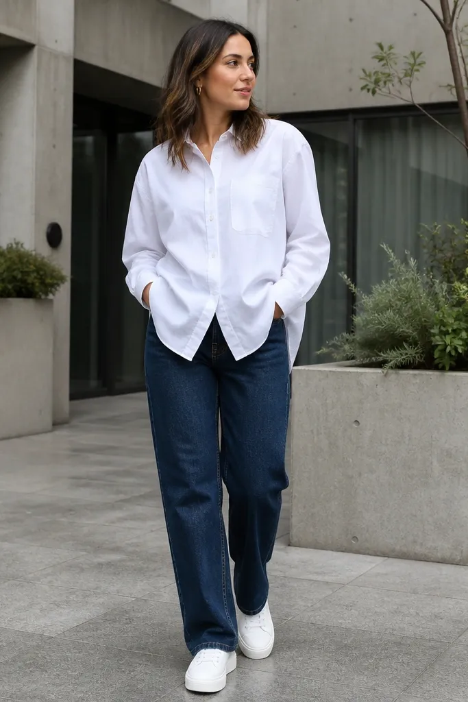 Dark jeans with a white oversized shirt and minimalist white sneakers