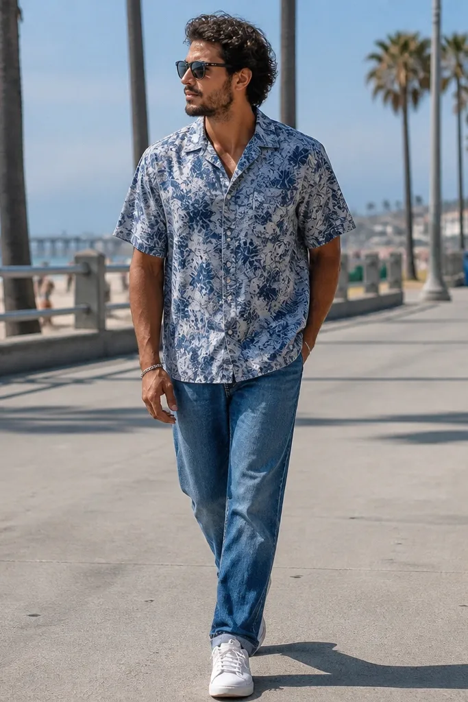 Medium-wash jeans with a patterned camp shirt and white sneakers