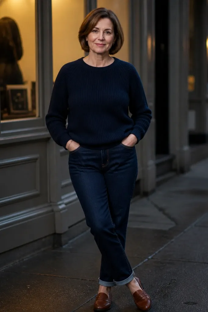 Dark indigo jeans with a navy knit sweater and brown loafers