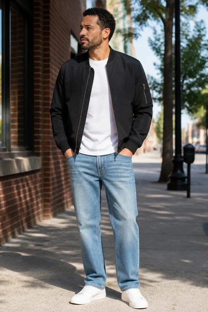Light wash jeans with a black short bomber jacket and white tee