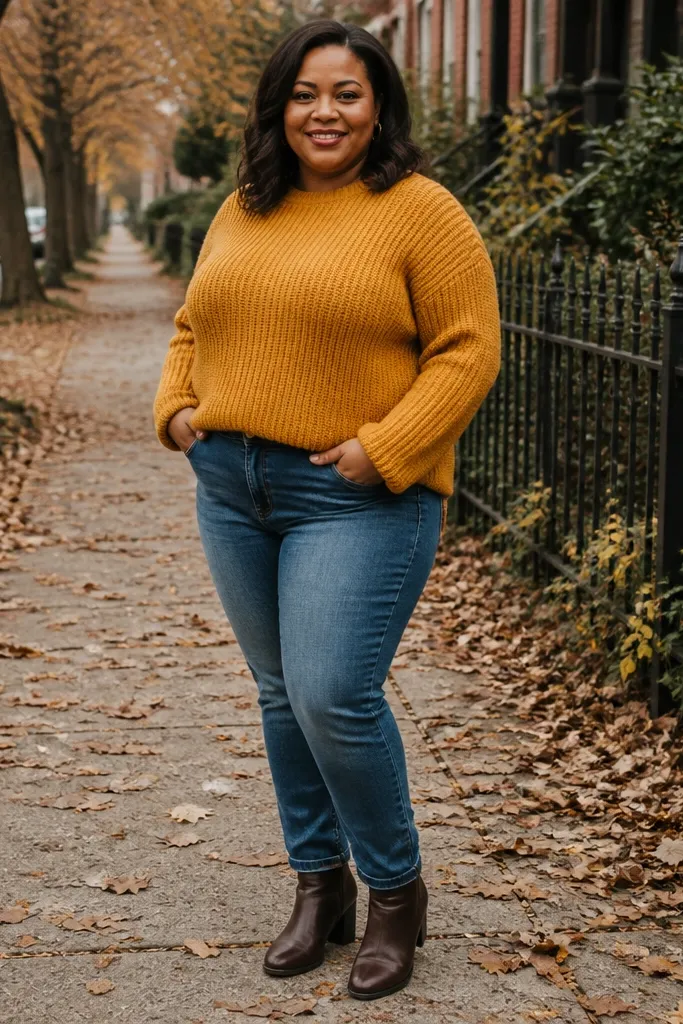 Medium-wash jeans with a mustard knit sweater and dark brown boots