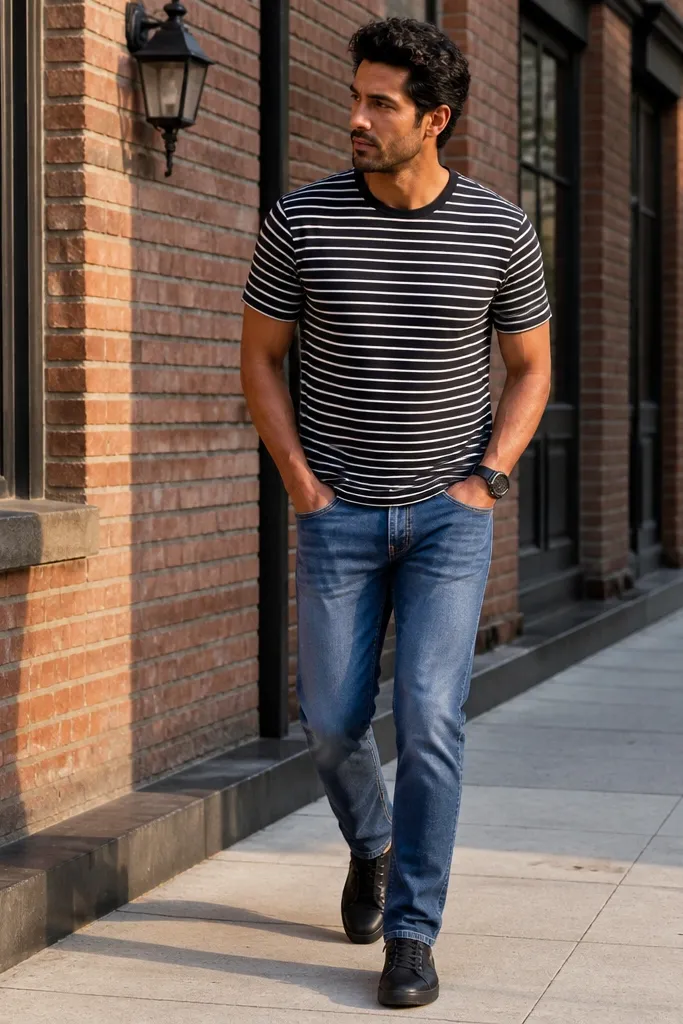 Medium-wash jeans with a black-and-white striped tee and black sneakers