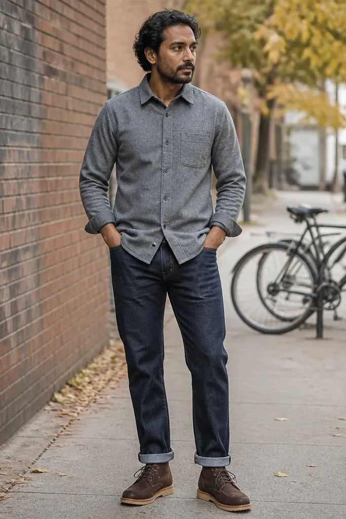 Dark indigo jeans with a gray flannel shirt and dark brown chukka boots