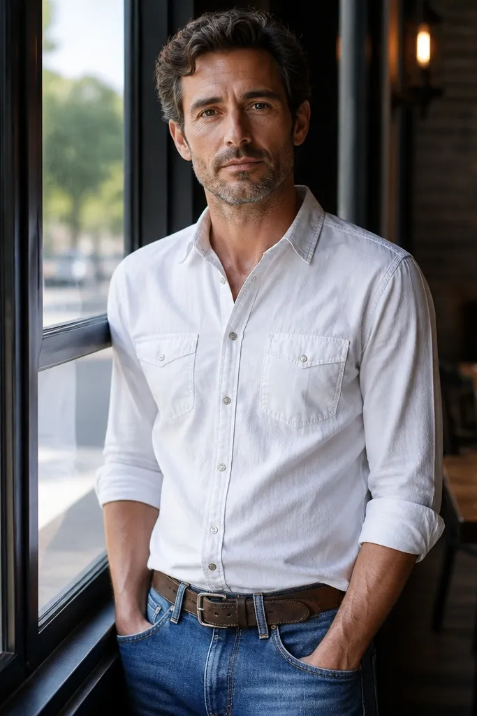 Medium-wash jeans with a white denim shirt and a brown leather belt