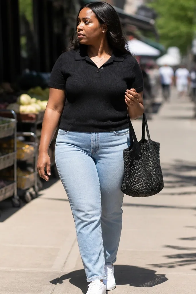 Light wash jeans with a black knit polo and white sneakers