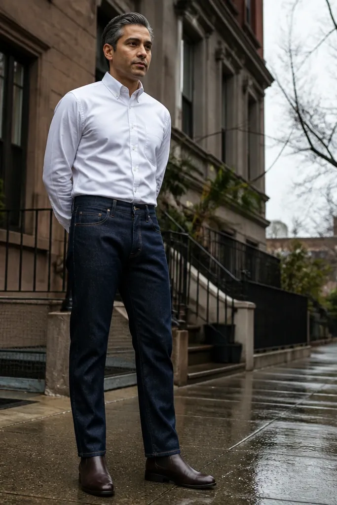 Dark indigo jeans with a white oxford button-down and brown Chelsea boots