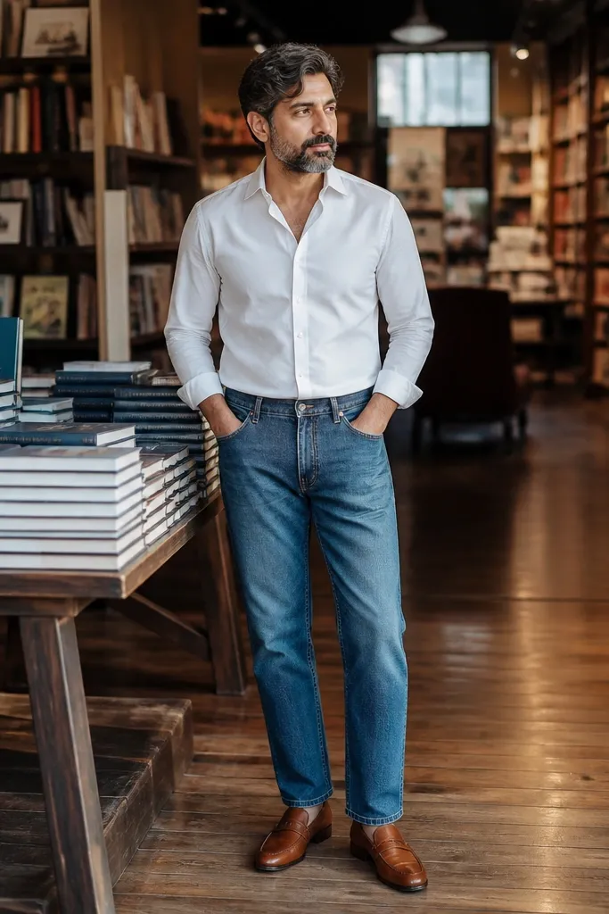 Mid-wash straight jeans with a white button-down tucked into tan loafers