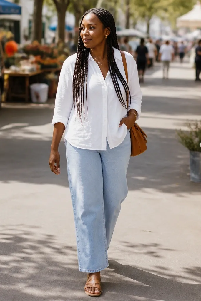 Light blue relaxed jeans with a white linen shirt and natural leather sandals