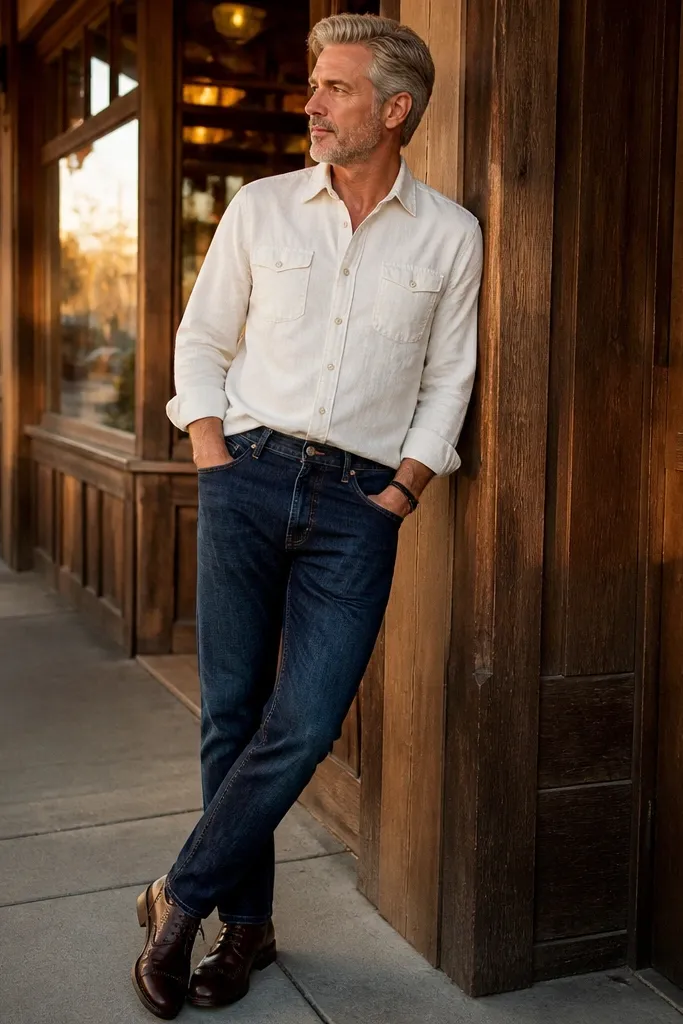 Indigo tapered jeans with a white chambray shirt and dark brown wingtip boots