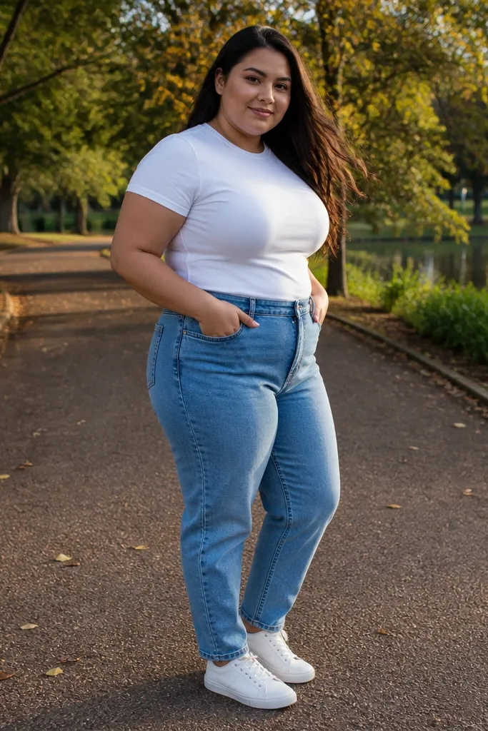 Stone-wash blue jeans with a white crewneck shirt and white low sneakers