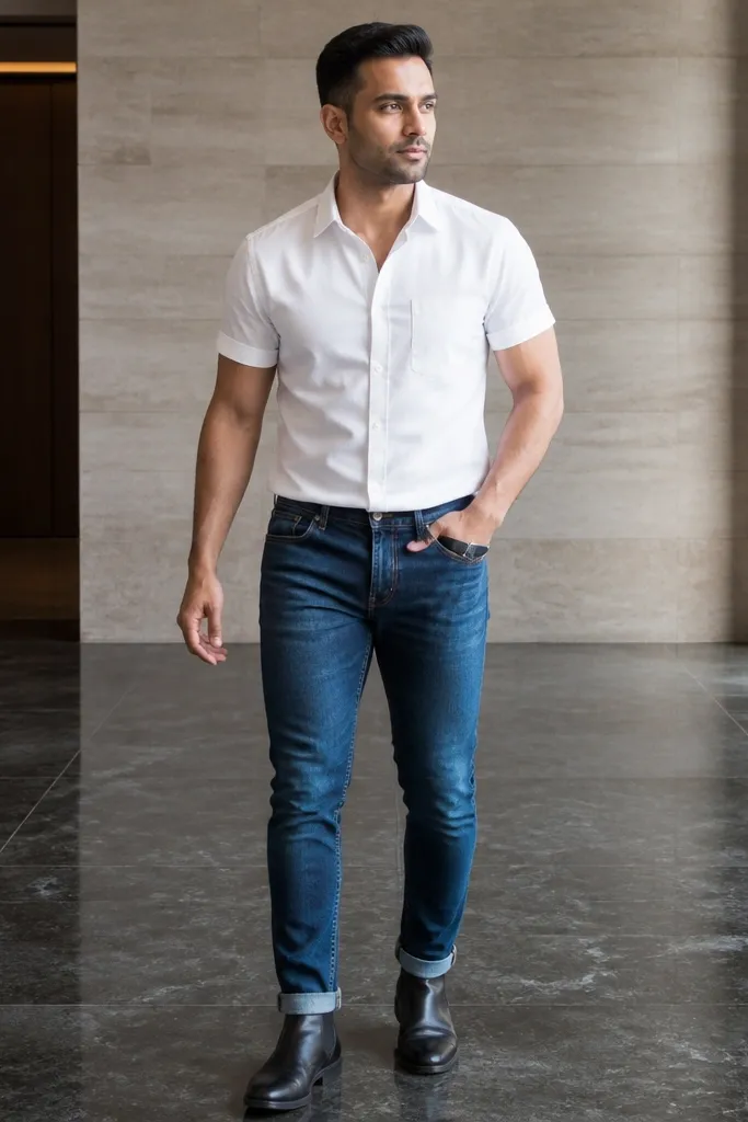 Rinse blue slim jeans with a white rolled-sleeve shirt and black boots