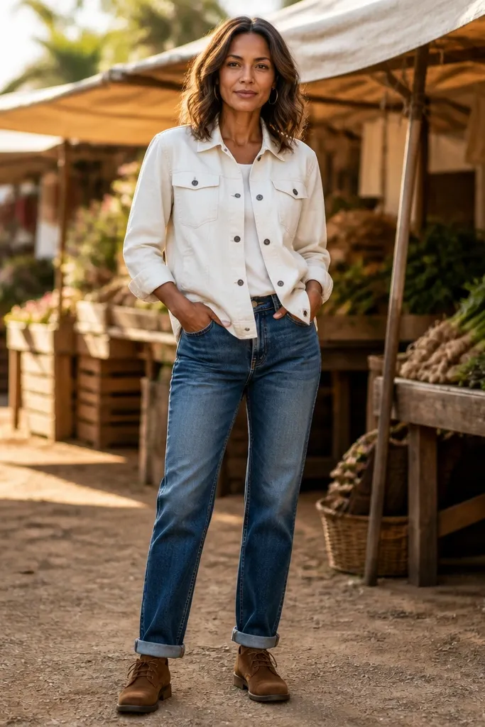 Vintage fade blue jeans with a white denim shirt and brown suede chukkas