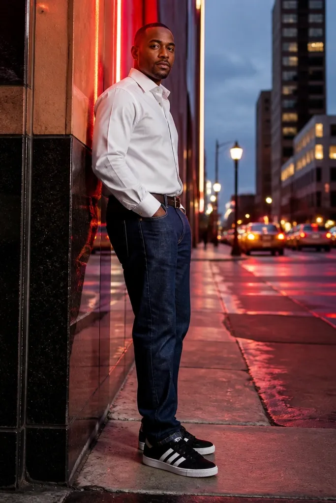 Dark wash straight jeans with a white shirt and black-and-white striped sneakers