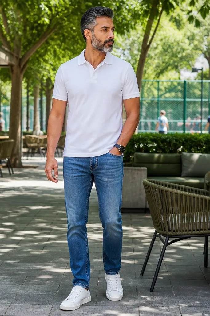 Mid-wash jeans with a white polo shirt and clean white leather trainers
