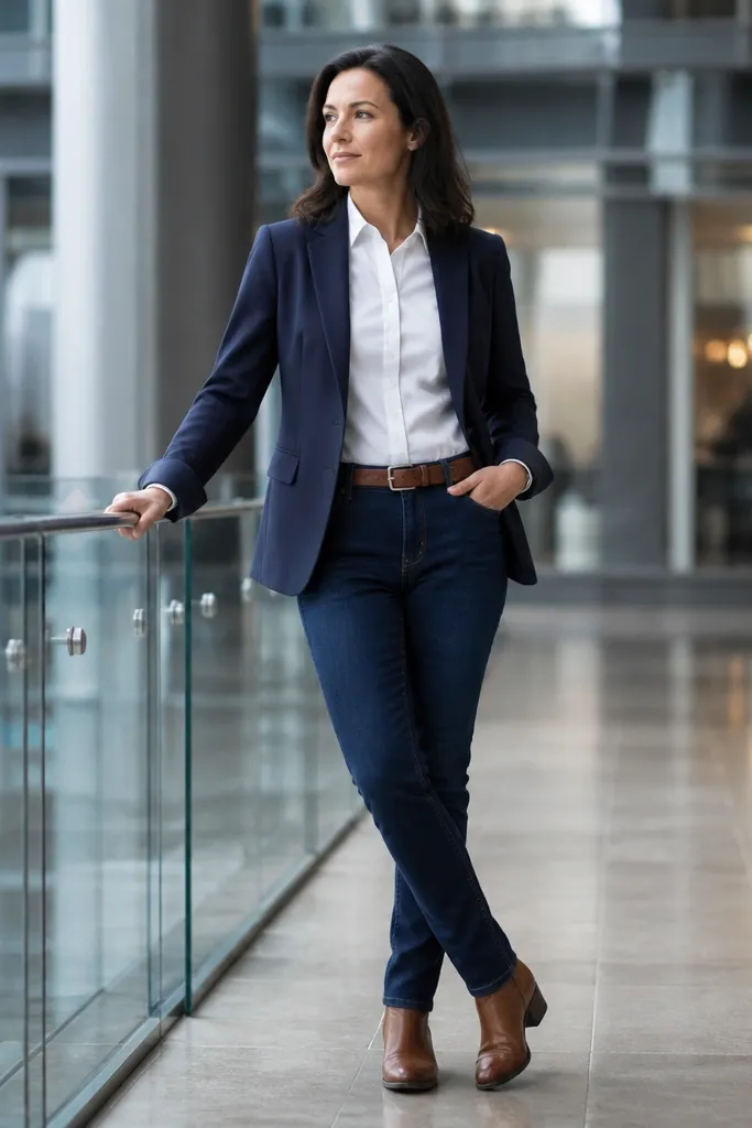 Indigo jeans with a white button-down, navy blazer, and brown belt