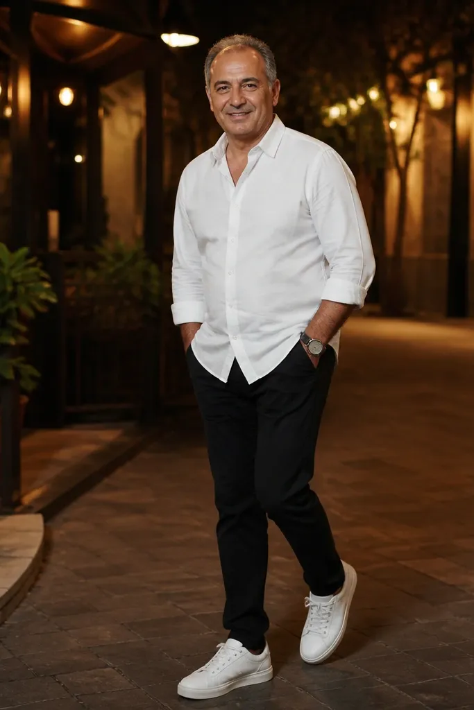 Black jeans with a white shirt and white sneakers, with a simple watch