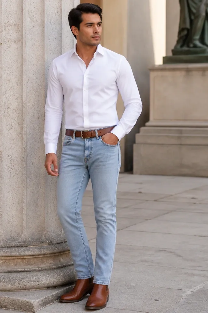 Light wash jeans with a white shirt and cognac boots with a matching belt