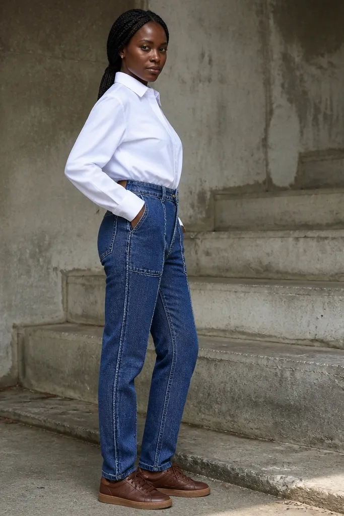 Textured blue jeans with a white shirt and brown leather sneakers