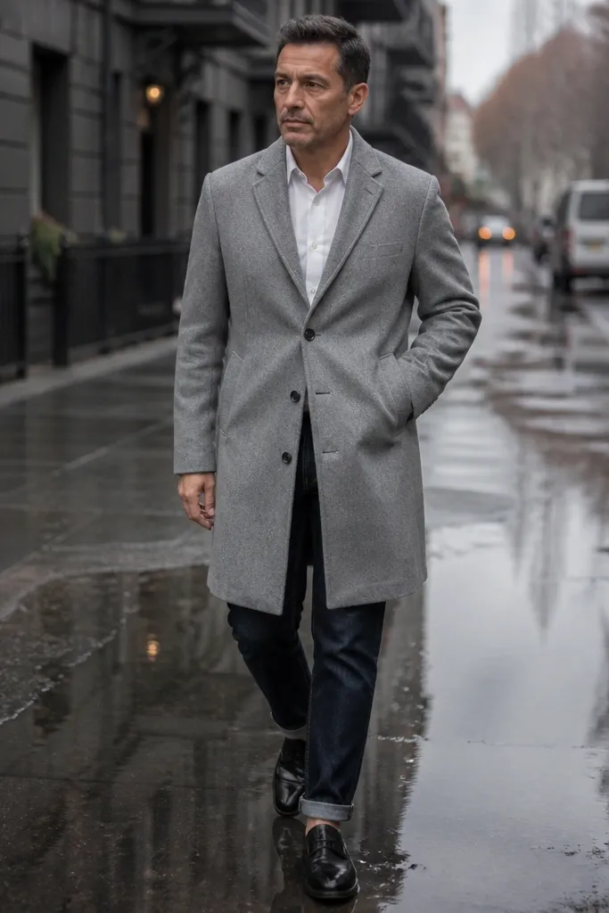Indigo jeans with a white shirt, light gray overcoat, and black loafers