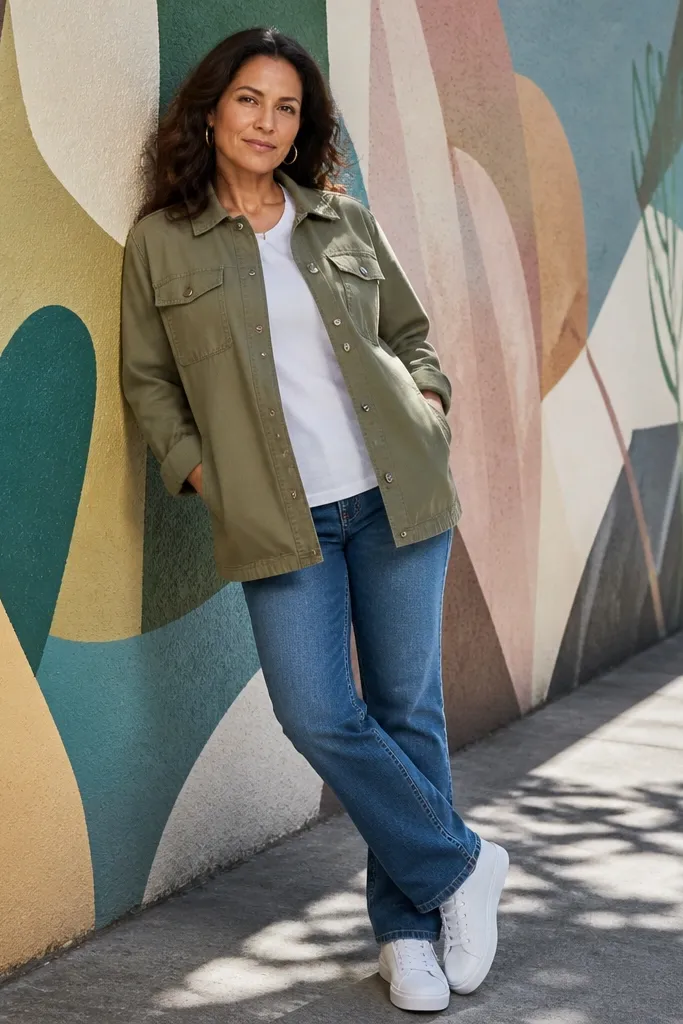 Blue jeans with a white shirt, olive overshirt, and white sneakers