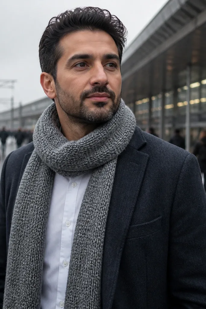 Rinsed blue jeans with a white shirt, gray knit scarf, and black boots