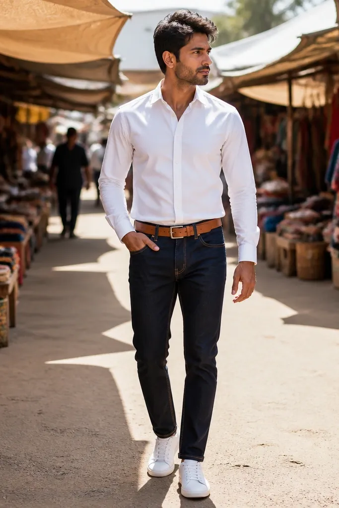 Dark indigo jeans with a white shirt, tan belt, and white canvas sneakers