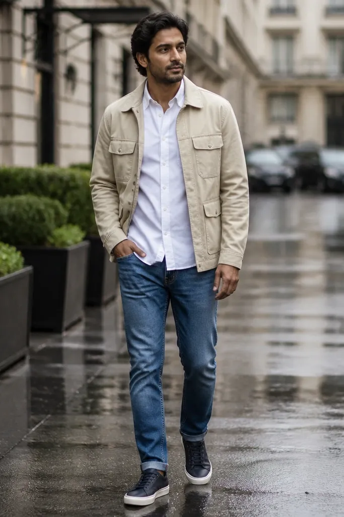 Mid-wash jeans with a white shirt, navy sneakers, and a light jacket