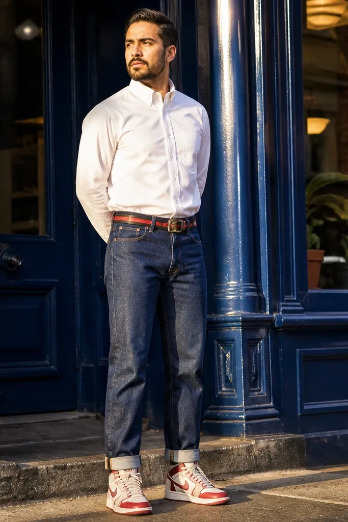 Cobalt jeans with white Oxford shirt, red belt edge, and white hi-tops with red accents.