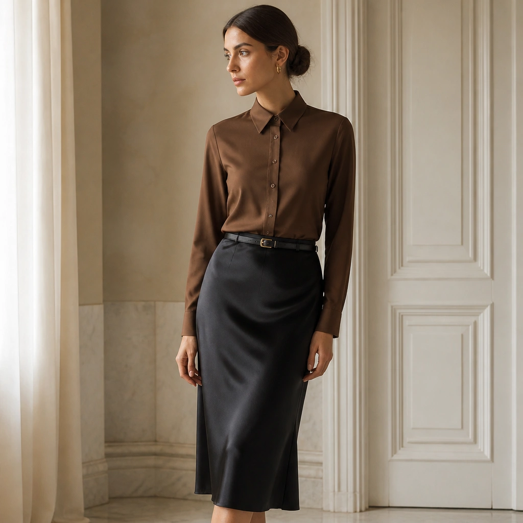 A brown button-down shirt fully buttoned with a clean collar, worn with a black satin midi skirt that falls straight; accessorized with a thin gold belt and small hoop earrings.
