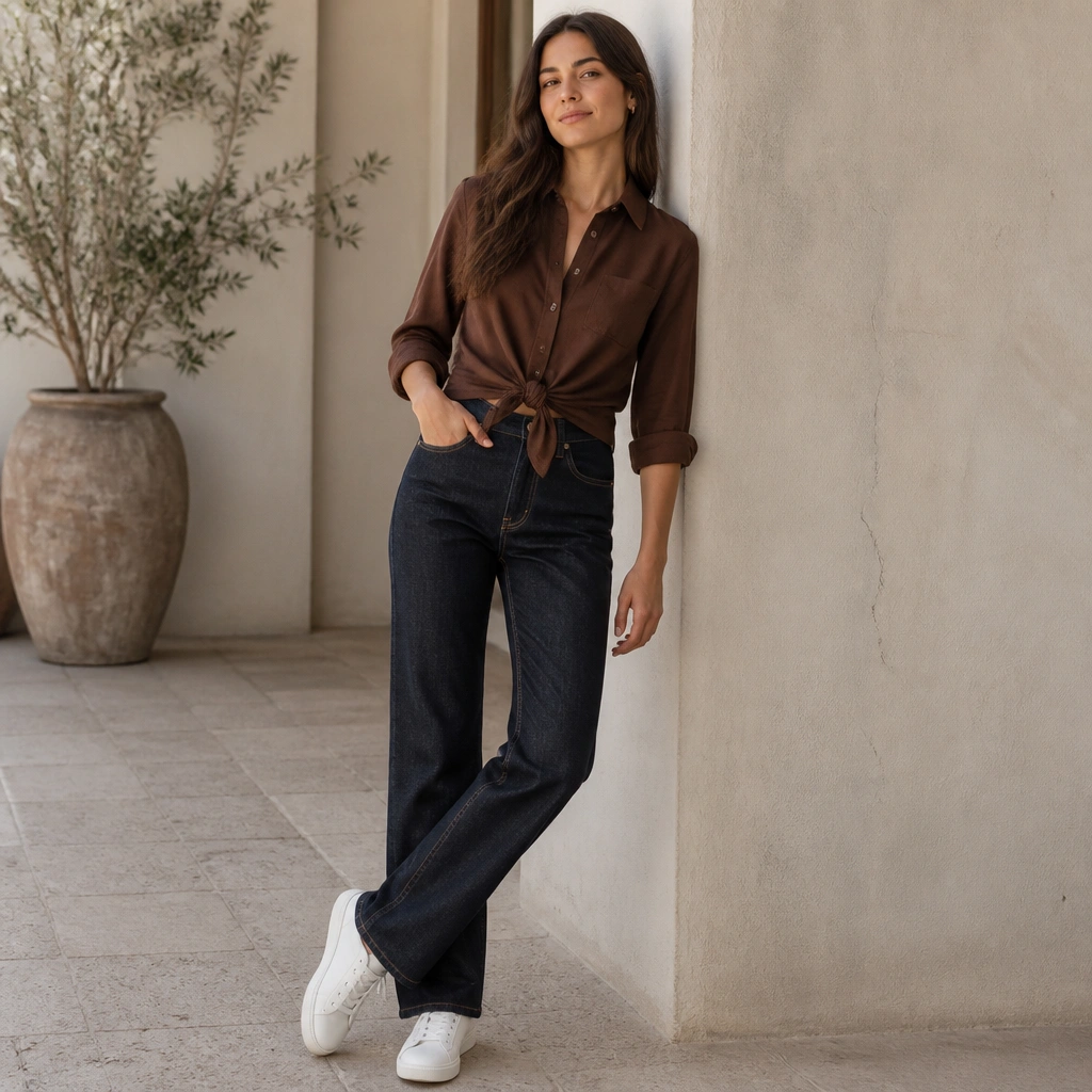 A chocolate-brown button-down tied at the front (knot at the waist), styled with straight-leg rinse-wash jeans and white sneakers; sleeves rolled and collar slightly open.