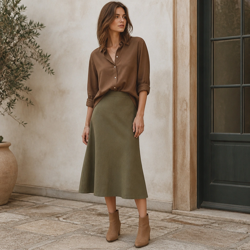 A brown button-down with sleeves rolled to the forearms, worn with an olive-green A-line skirt and tan ankle boots; the shirt is lightly tucked at the front.