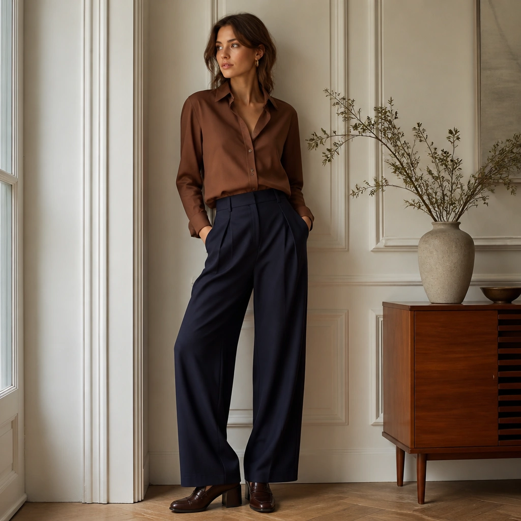 A deep navy wide-leg trouser worn with a medium-brown button-down; the shirt is in a French tuck, showing a clean line at the waist, with heeled loafers.